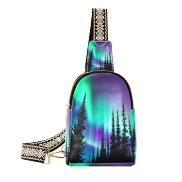 Imagem de CEBUGI Bolsa tiracolo feminina com fundo Aurora para mulheres, pochete transversal de couro, para caminhadas, viagens ao ar livre