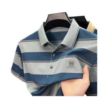 Imagem de Camisa Polo Masculina De Luxo Leve Com Listras E Blocos De Cores, Mang