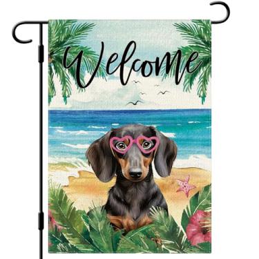 Imagem de DLZDN Bandeira de jardim de cachorro Dachshund de praia de verão 30 × 45 cm dupla face vertical serapilheira praia costeira fazenda quintal placa sazonal decoração externa
