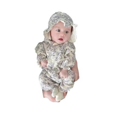 Imagem de Macacão De Algodão Para Bebê Menina Com Chapéu, Estampa Fofa E Renda, 
