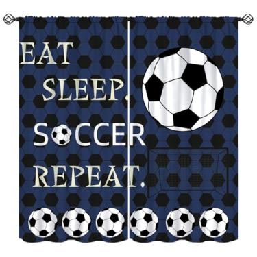 Imagem de Cortinas de futebol para meninos e meninas, Blue Eat Sleep Soccer Repeating Pattern Window Treatment, Rod Pocket Cortinas com isolamento térmico, conjunto de 2 painéis para quarto de adolescentes