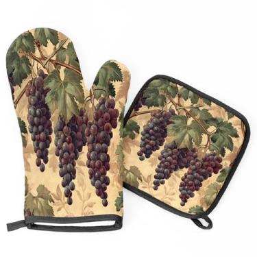 Imagem de Luvas de forno vintage de folhas de videira e suportes de panela, luvas de churrasco, luvas de forno de cozinha resistentes ao calor, almofadas quentes para cozinhar, assar, grelhar