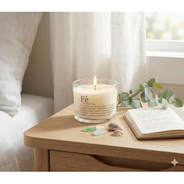 Imagem de Vela Aromática Decorativa em Vidro Transparente com Tampa de Madeira, 120g, Mensagem Inspiradora, Aromaterapia, 7cm x 8cm, Cilíndrica (Aroma: Acqua Marine - Mensagem: Fé)