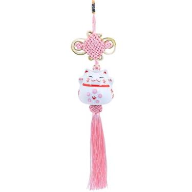Imagem de Pingente de gato da sorte da Halloluck de cerâmica japonesa Maneki Neko gato pendente de pendurar gato da sorte adorno de decoração de nó chinês interior de carro decoração de casa, rosa