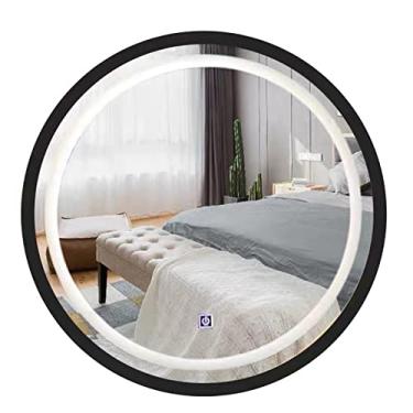 Imagem de Armário de espelho de banheiro iluminado com luzes redondas LED espelho de banheiro armário armário de madeira montado na parede com prateleiras de 2 camadas, interruptor de toque de temperatura de