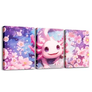 Imagem de Erosebridal Lindo conjunto de arte de parede em tela de axolote rosa com 3 crianças, meninas, oceano, costeiro, animal, decoração de parede, pinturas emolduradas, kawaii, sonhador, axolotl, arte rosa
