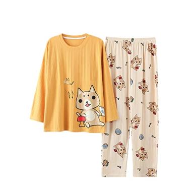 Imagem de HHHJQFAAT Pijama feminino primavera outono pijama feminino manga comprida conjunto de pijama de desenho animado pijama (amarelo 3X)