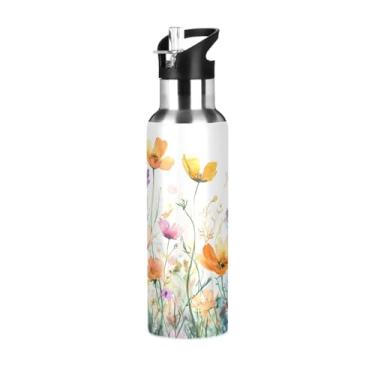 Imagem de Wassud Garrafa de água aquarela flores silvestres aço inoxidável garrafa de água esportiva com canudo garrafas de água isoladas copo portátil de viagem 623 g