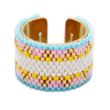 Imagem de Agriajun Anel de ouro com contas de sementes feitas à mão ajustável para mulheres e homens, boho aberto colorido contas contas coração coração anéis de declaração moda joias presente, Metal não