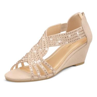 Imagem de PIZZ ANNU Sandália feminina Diana de salto baixo com strass brilhante, bico aberto, sapato social moderno para mulheres em noite de dança nupcial, camurça marrom, Camurça nu, 38