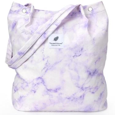 Imagem de LHMTQVK Bolsa de ombro feminina de veludo cotelê reutilizável de grande capacidade com bolsos internos, Mármore roxo, Large, Mármore roxo