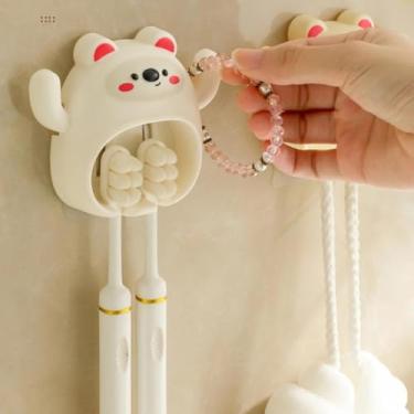 Imagem de 1 suporte de escova de dentes, urso fofo, orifício duplo, suporte de desenho animado adequado para uso doméstico e banheiro (branco)