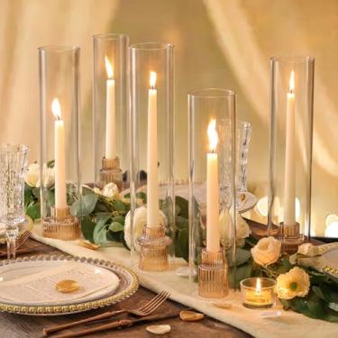 Imagem de NITIME 9 conjuntos de castiçais de vidro Hurricane para centros de mesa, castiçais dourados com tampas de cilindro à prova de vento (30 cm/32 cm/35 cm A), castiçais cônicos para casamento, festa e