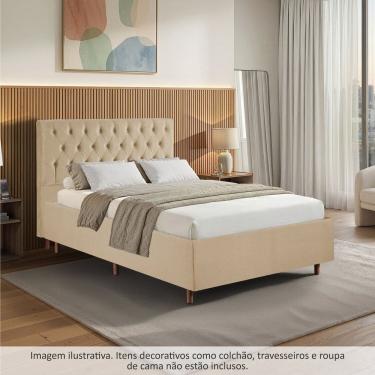 Imagem de Kit Cama Box Casal e Cabeceira em Madeira Maciça Estofada Espresso Móveis Veludo Bege