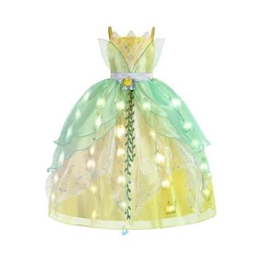 Imagem de Vestido Puff Verde Da Princesa Tiana Para Meninas, Decorado Com Flores