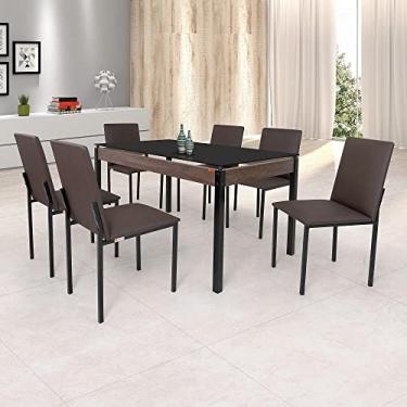 Imagem de Conjunto Sala de Jantar Mesa Dubai 140x80cm Tampo Vidro com 6 Cadeiras Ciplafe Preto/linho Marrom