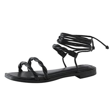 Imagem de Coerni Sapatos femininos sandálias rasteiras corda boêmia praia verão vento sandálias femininas para mulheres elegantes tamanho 12, Preto, 8.5