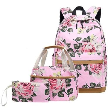 Imagem de Mochila casual para mulheres bolsa escolar floral com porta de carregamento USB 3 peças lancheira mochila de exibição de pinos, Vermelho, One Size, Mochilas