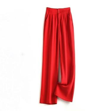 Imagem de Calça de moletom de chiffon cor doce calça folgada cintura alta escritório perna larga casual reta terno formal, Vermelho, XXL 60-70kg