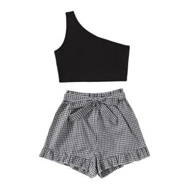 Imagem de WDIRARA Conjunto feminino de 2 peças, blusa de ombro único sem mangas e shorts xadrez com cinto de perna larga, Preto e branco, G