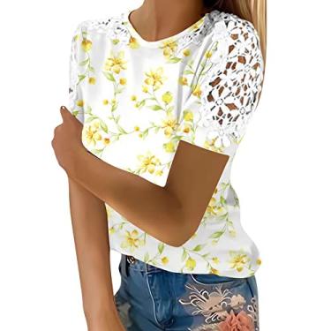 Imagem de Blusas femininas estilosas de manga curta de grandes dimensões estampadas para treino, blusas casuais de verão, camisas soltas, túnica de trabalho, Amarelo, GG