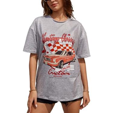 Imagem de YIJIU Camisetas femininas estampadas grandes com estampa de letras, manga curta, solta, casual, verão, Carro cinza, GG
