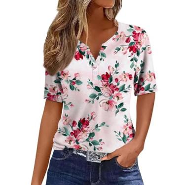 Imagem de Camiseta feminina de verão floral Henley camiseta manga curta caimento solto camisas casuais modernas, Caqui, XXG