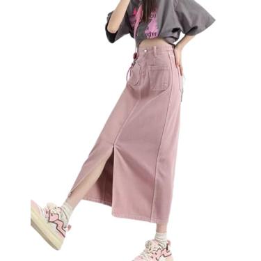 Imagem de Kisidoo Saia jeans casual feminina - saia jeans evasê flare com bolsos, saia longa para uso diário, Rosa, XG