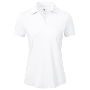 Imagem de BGOWATU Camisa polo feminina de golfe de manga curta com gola V, gola V, proteção UV, ajuste seco, Branco, G