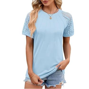 Imagem de Camisetas femininas modernas de renda, manga curta, gola redonda, plissadas, túnica, blusas elegantes para mulheres 2024, Azul-celeste, XG