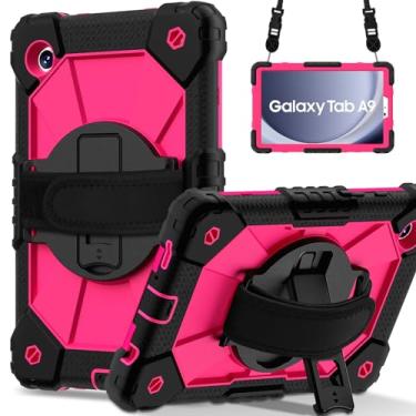Imagem de Meifei Capa para Samsung Galaxy Tab A9 22.1 cm (SM-X110/X115/X117), capa de silicone resistente à prova de choque com suporte 360 para tablet Galaxy A9, preto/rosa vermelha