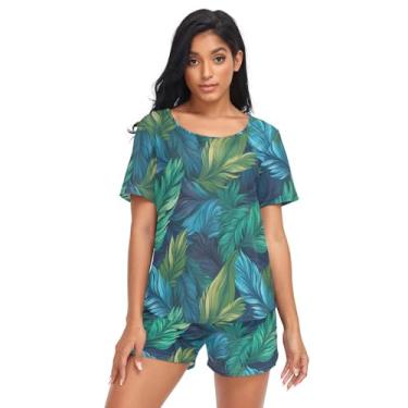 Imagem de CHIFIGNO Conjunto de pijama feminino, 2 peças, conjunto de pijama feminino, de manga curta, com bolsos, P-2GG, Folhas verdes coloridas - 1, GG