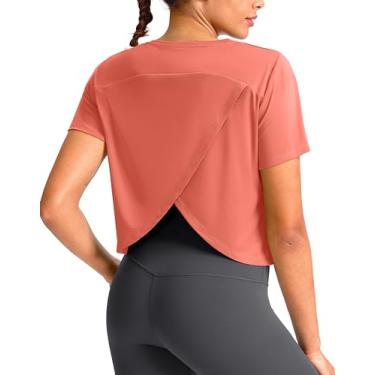 Imagem de YYV Camisetas de ginástica femininas cropped de manga curta folgadas atléticas para academia com fenda nas costas, Rosa coral, P