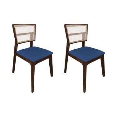 Imagem de Kit 2 Cadeiras De Jantar Manuela Em Tela Assento Veludo Azul Base Em Madeira Maciça - Natural