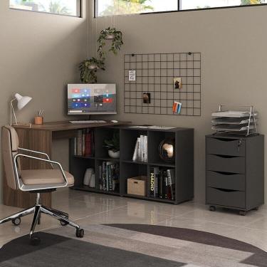 Imagem de Kit 2 Peças com Escrivaninha em L 8 Nichos e Gaveteiro Bit Organizador 4 Gavetas com Chave Ipê/Preto