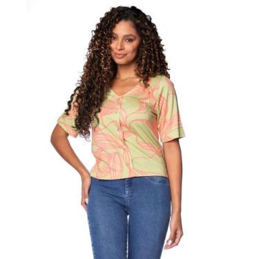 Imagem de Camisa Feminina Rovitex Decote V Com Botões Verde Claro/Coral