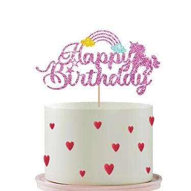 Imagem de Topo de bolo de unicórnio feliz aniversário, topo de bolo arco-íris de unicórnio, decorações de bolo de aniversário para bebês meninas, decorações de festa de 1º aniversário - glitter rosa