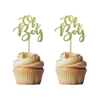 Imagem de Morndew 24 peças Oh Boy Gold Glitter Birthday Cupcake Toppers para decoração de chá de bebê de primeiro aniversário