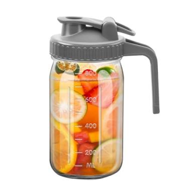 Imagem de Jarro de vidro amplo, frasco de vidro de 947 ml com tampa dupla à prova de vazamento com alça, jarro de água de boca larga, recipiente de geladeira para água, suco (cinza de 947 ml)