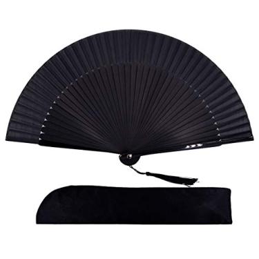 Imagem de Amajiji 8.27" (21 cm) Ventilador manual dobrável de seda de bambu, Chinês/Japonês charmoso e elegante estilo retrô vintage, mulheres e meninas melhores presentes, Preto