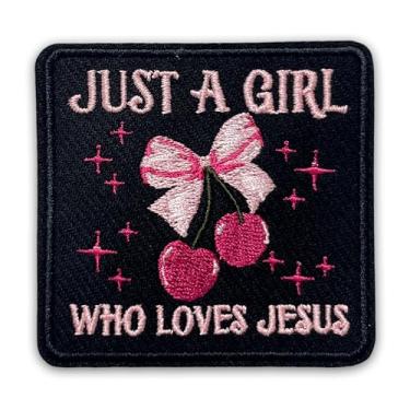 Imagem de Remendo Just A Girl Who Loves Jesus com laço de cereja de 7,6 cm, bíblia cristã, aplique de tecido bordado para caminhoneiro, chapéus, roupas, mochila, acessórios faça você mesmo, colegas de trabalho,