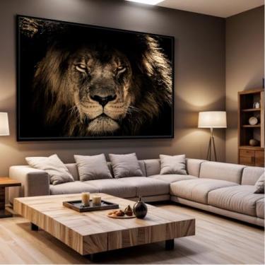 Imagem de Quadro Decorativo com Moldura Sala 130x90 Leão Selvagem Luxo Grande Horizontal