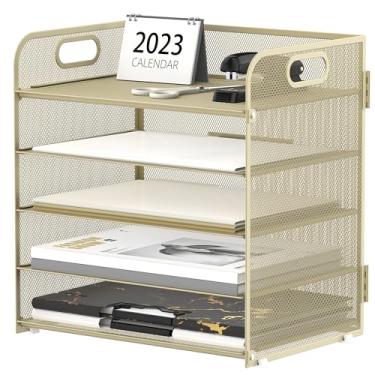 Imagem de 5 bandejas de mesa Supeasy, com alça, em tela, organizador de papéis, correspondências, arquivos, rosa, para escritório, casa ou escola (dourado)