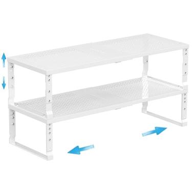 Imagem de Wobmmi Organizador de prateleira de armário de cozinha expansível para temperos, prateleiras de armazenamento empilháveis, prateleira de balcão ajustável para armários, bancadas, armários, despensa e muito mais (2 pacotes/branco/grande)