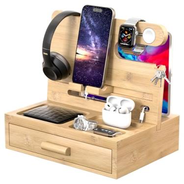 Imagem de melafa365 Organizador de mesa de cabeceira para homens, organizador de estação de ancoragem de telefone com gerenciamento de cabos, organizador de mesa de cabeceira com gaveta, organizador de