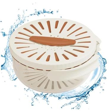 Imagem de Cesta de drenagem com tampa, cesta de drenagem tigela de lavagem de frutas com filtro, cesta de drenagem com alça dobrável, coador de alimentos multifuncional com bandeja de drenagem, marrom