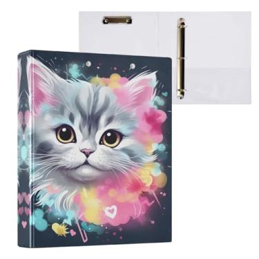 Imagem de Fichário de gato colorido com 3 argolas tamanho carta 3 anéis com prancheta e 3 bolsos, organizador de fichário de três anéis para meninas, material escolar, 1 pacote