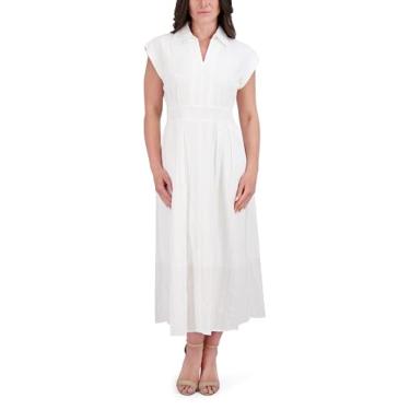 Imagem de kensie Vestido longo feminino de manga curta com gola, Branco, 34