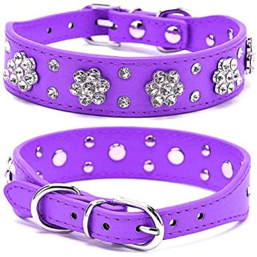 Imagem de Pimaodog Coleira para cachorro com strass, linda flor com strass coleira para cachorro colar de couro PU tamanhos ajustáveis pequeno médio grande (M:26-32 cm, roxo)