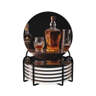 Imagem de Whisky Beer Pictures Print Drink Coasters Conjunto de 6 com suporte para copos de café absorvente porta-copos de cerâmica redondo antiderrapante tapete de copo durável para mesa de café, bar